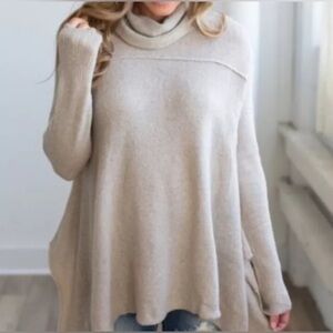 Umgee Beige Brown Cowl Neck Sweater Womens Sz S Asymmetrical Hem Knit Top